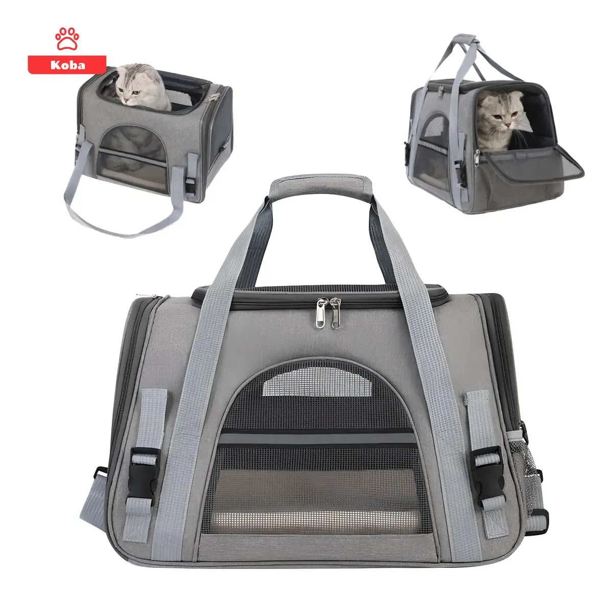 Bolso transportador gris de tela con paneles de malla