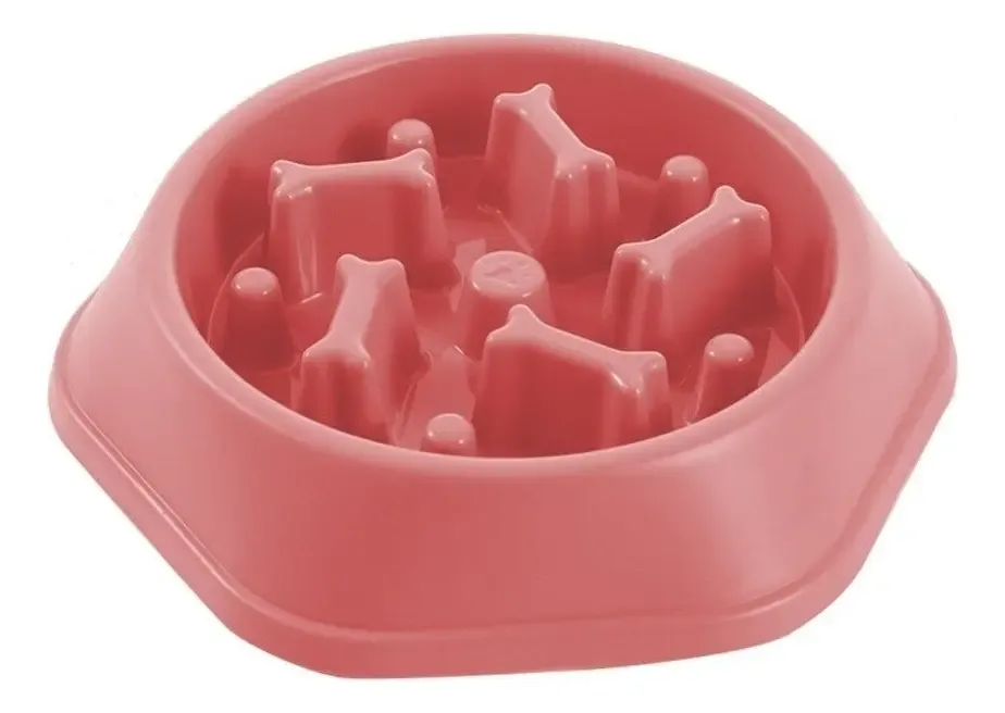 Plato rosado con relieves para que el perro coma más lento