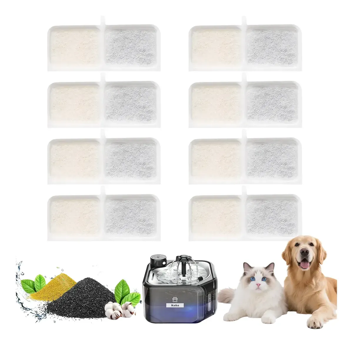 Ocho filtros rectangulares blancos junto a una fuente KOBA negra, un gato y un perro