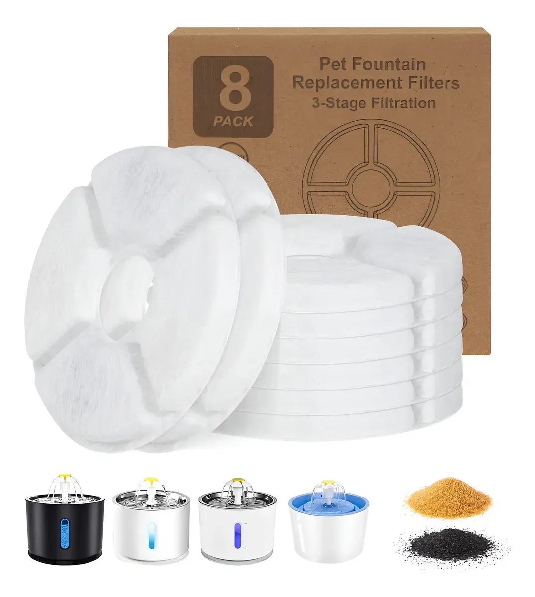 Ocho filtros redondos blancos para fuente de agua junto a su caja