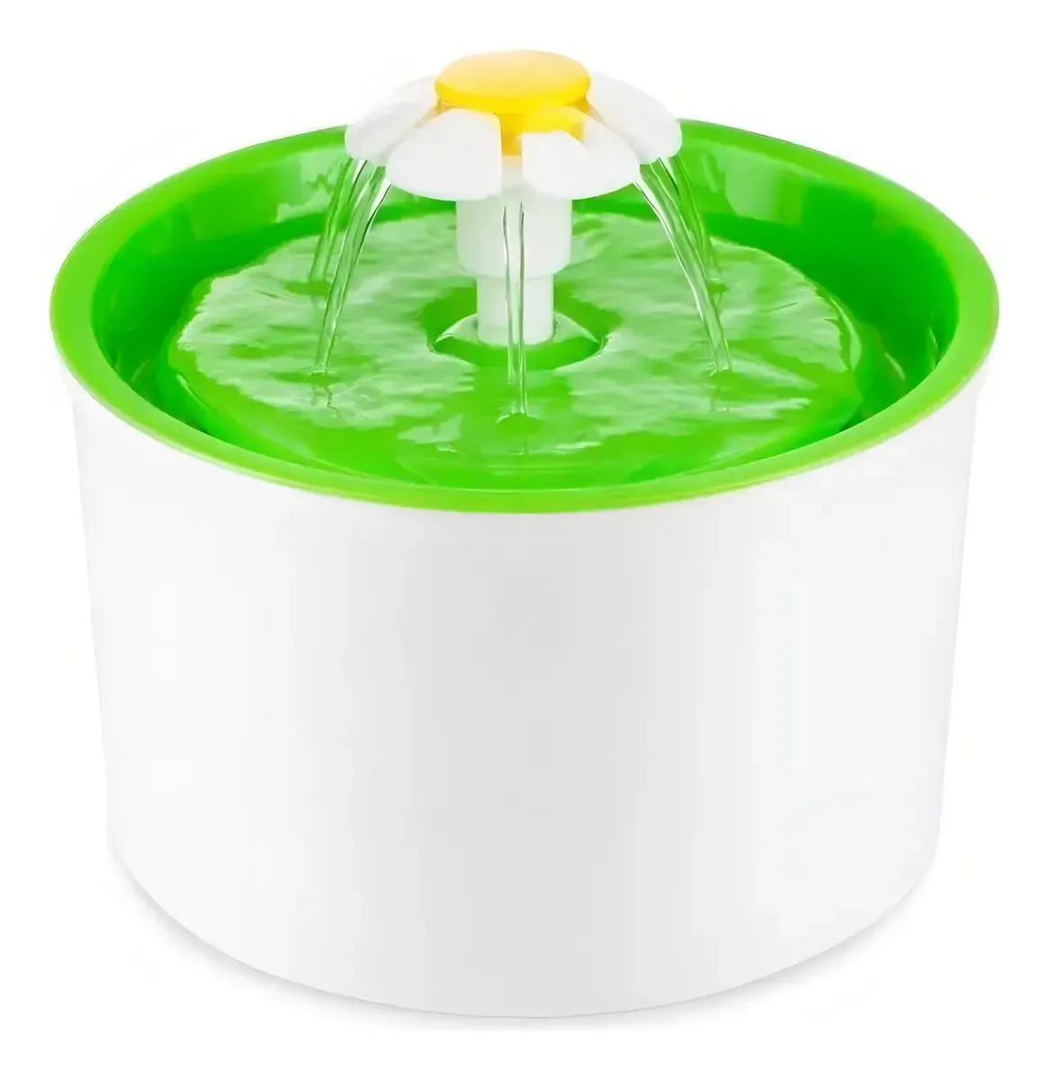 Fuente de agua blanca con tapa verde y salida de agua en forma de flor