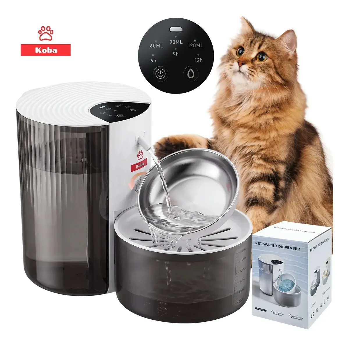 Dispensador de agua blanco y negro con plato de acero y un gato atigrado al lado