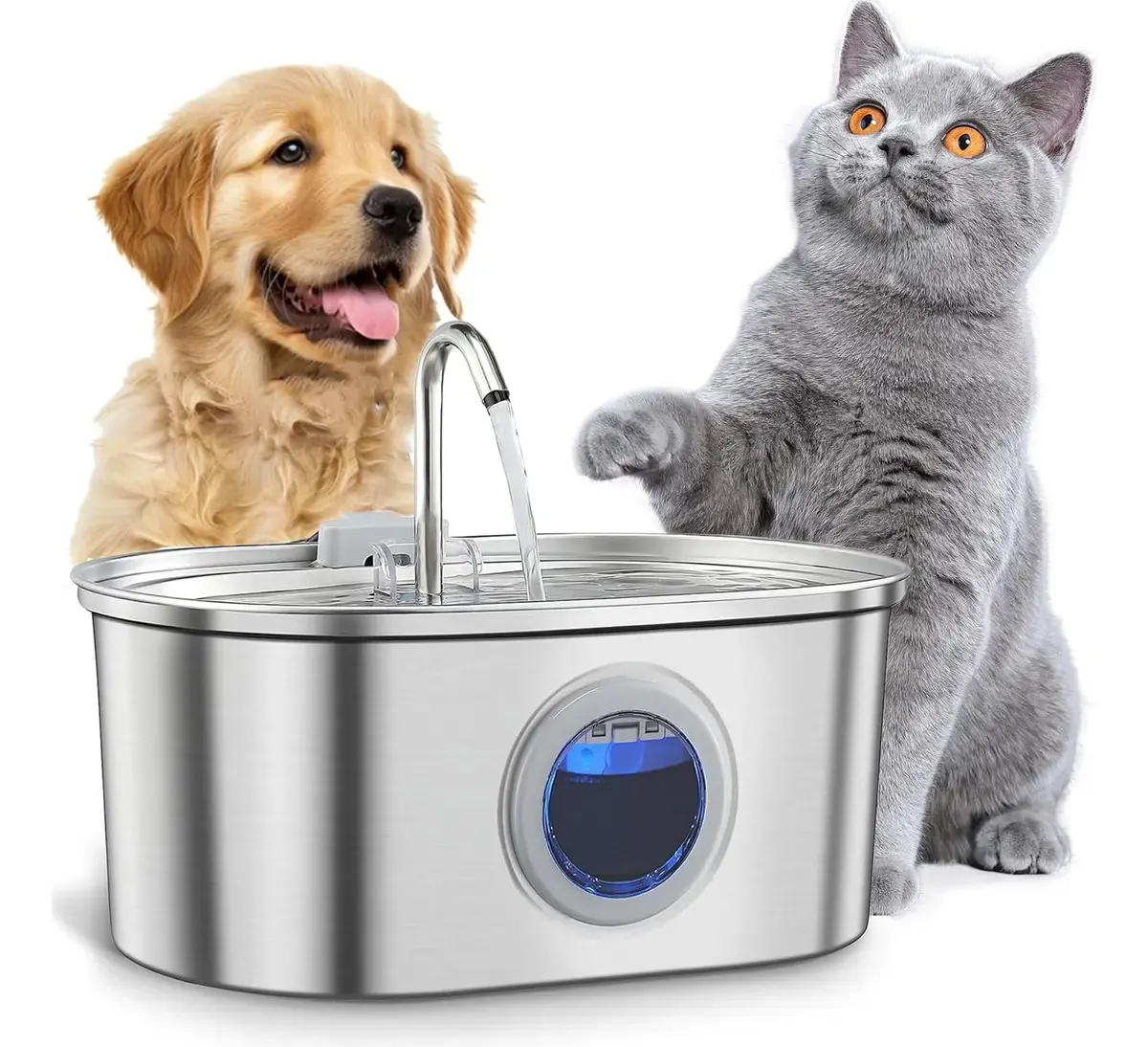 Fuente de agua de acero inoxidable con un perro y un gato al lado
