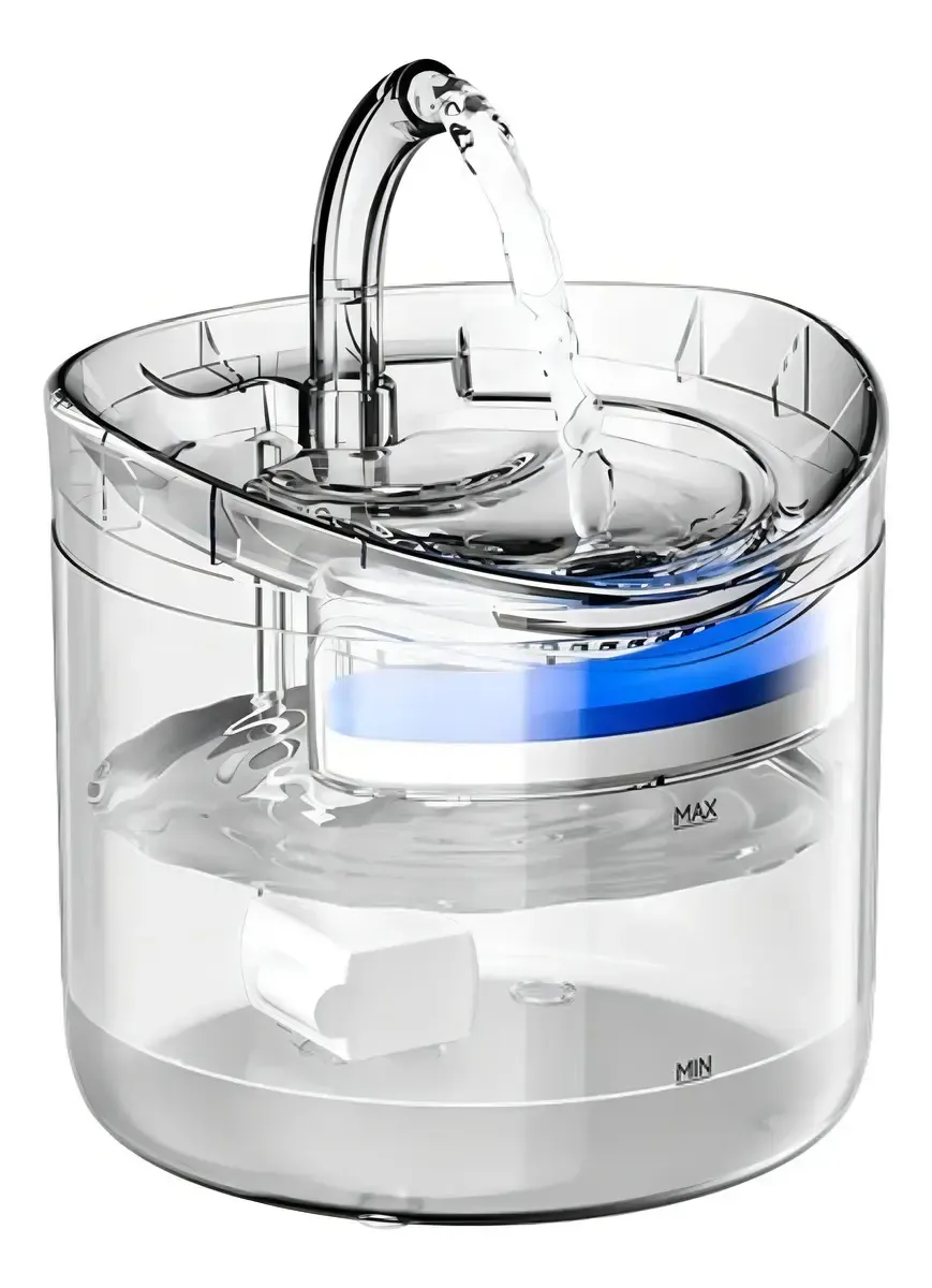 Fuente de agua de plástico transparente con caño curvo y filtro azul a la vista