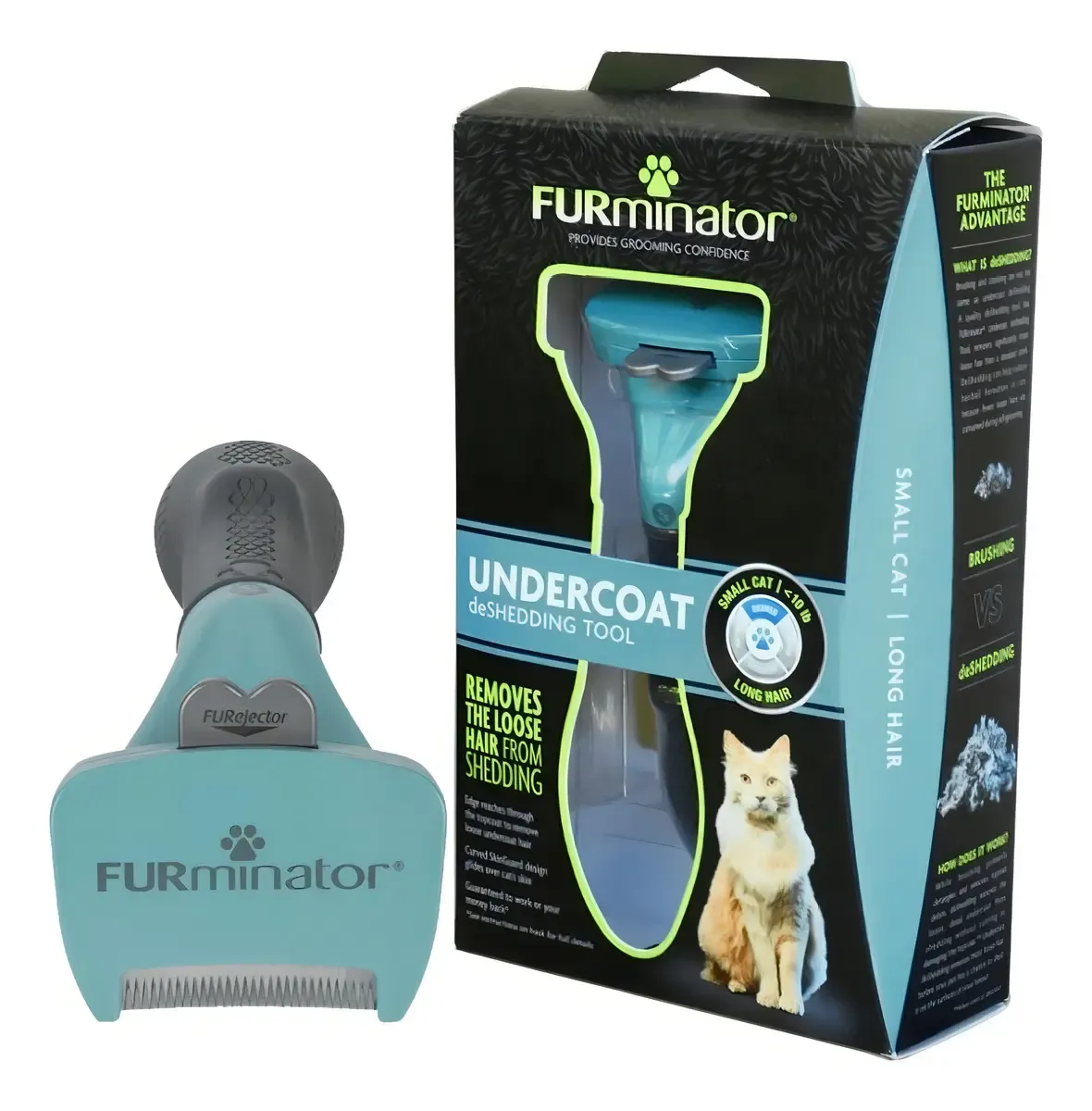 Cepillo Furminator turquesa junto a su caja