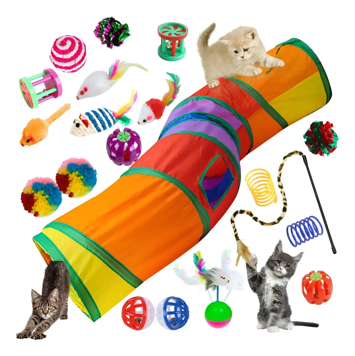 Set de juguetes para gato: túnel de colores, varita con plumas, pelotas y ratones