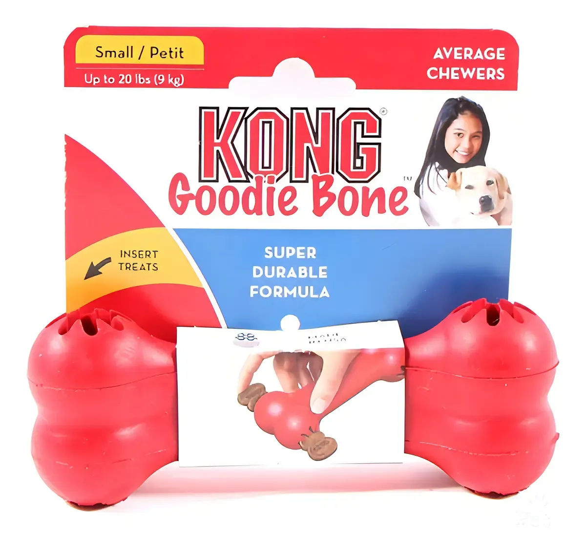 Hueso de goma roja Kong Goodie Bone en su envase