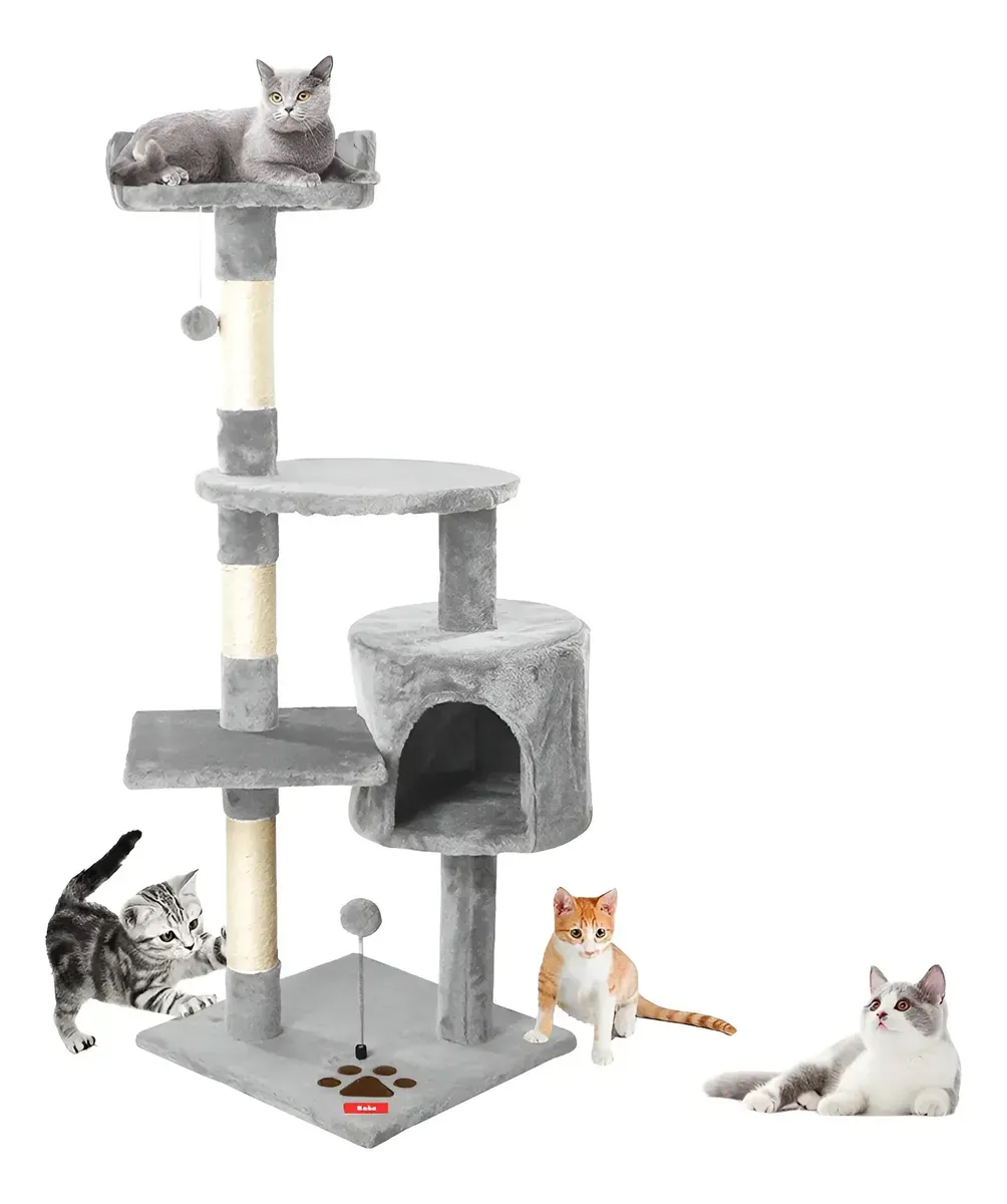 Rascador tipo torre gris con postes de sisal, casita y plataformas